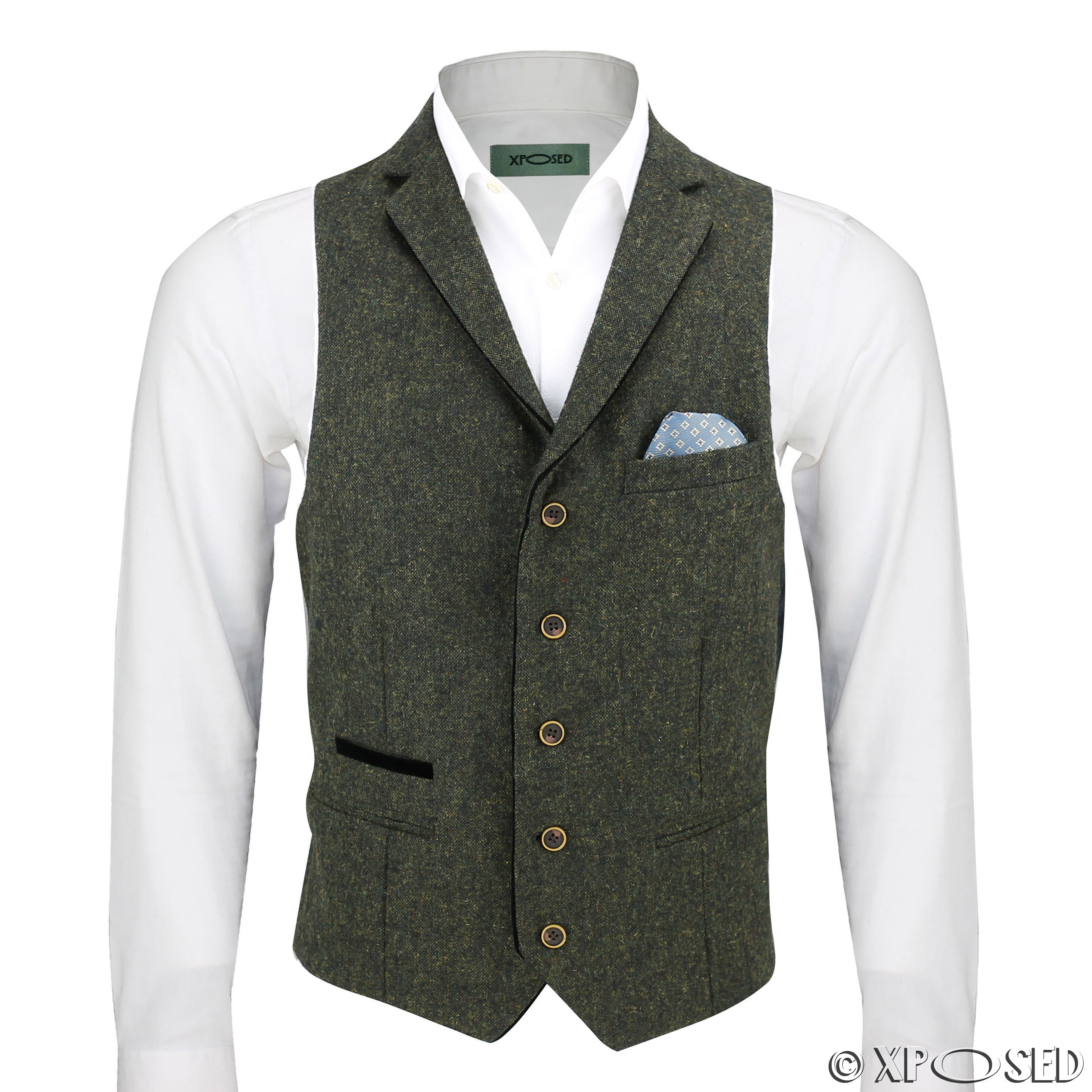 New Mens Wool Mix Herringbone Tweed Vintage Collar Waistcoat Tailored